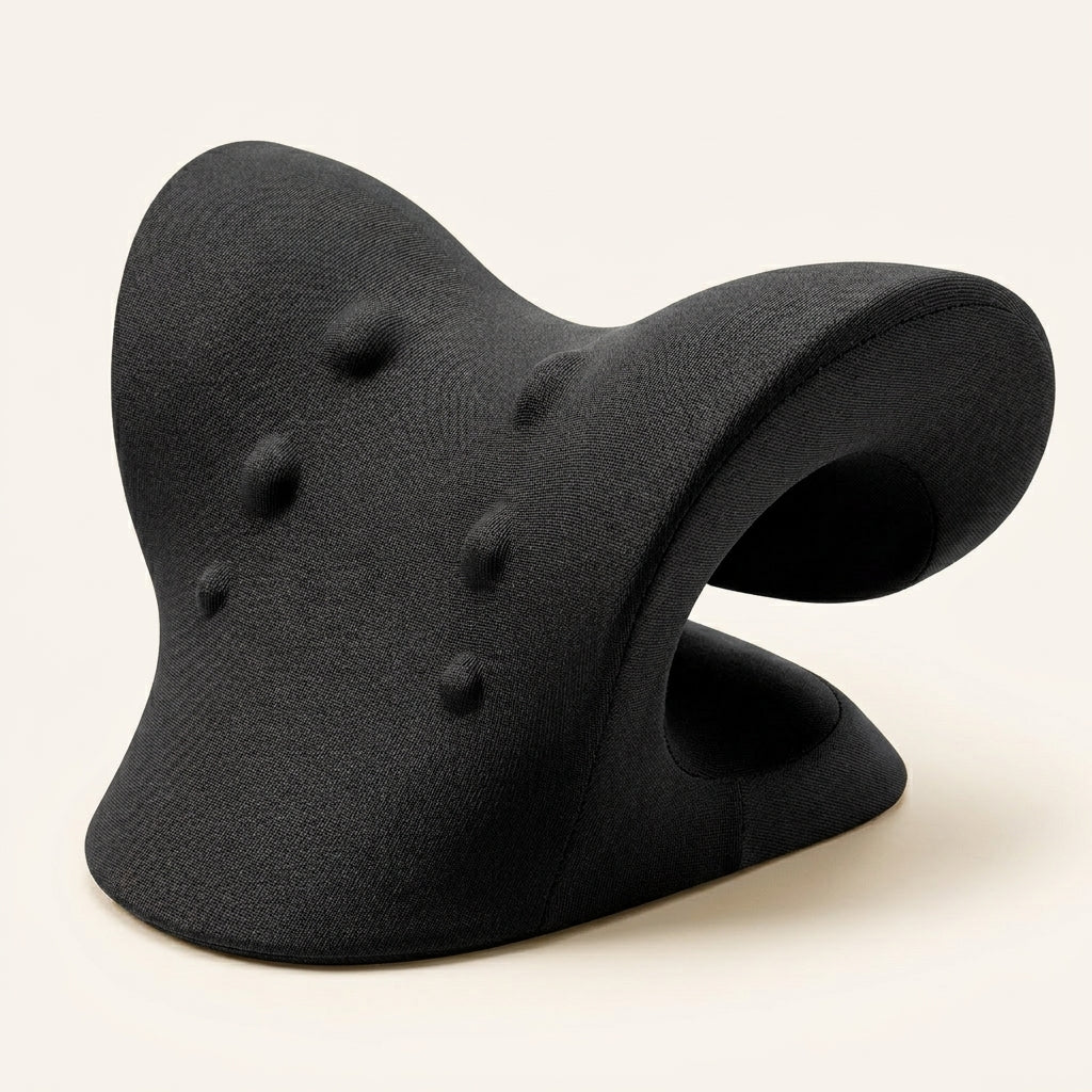Coussin de traction cervicale NUOKA noir en forme de C, vue de trois quarts sur fond crème
