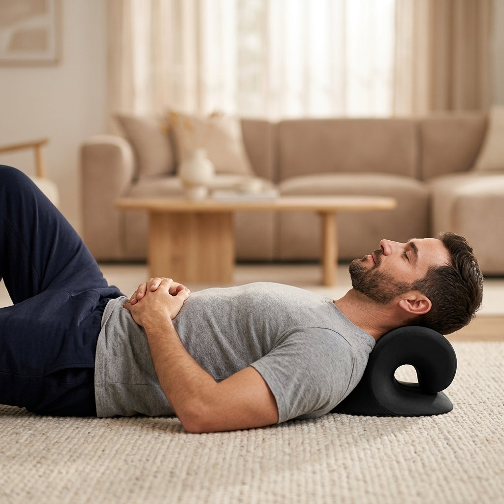 Homme détendu allongé sur tapis, nuque sur le coussin de traction cervicale NUOKA