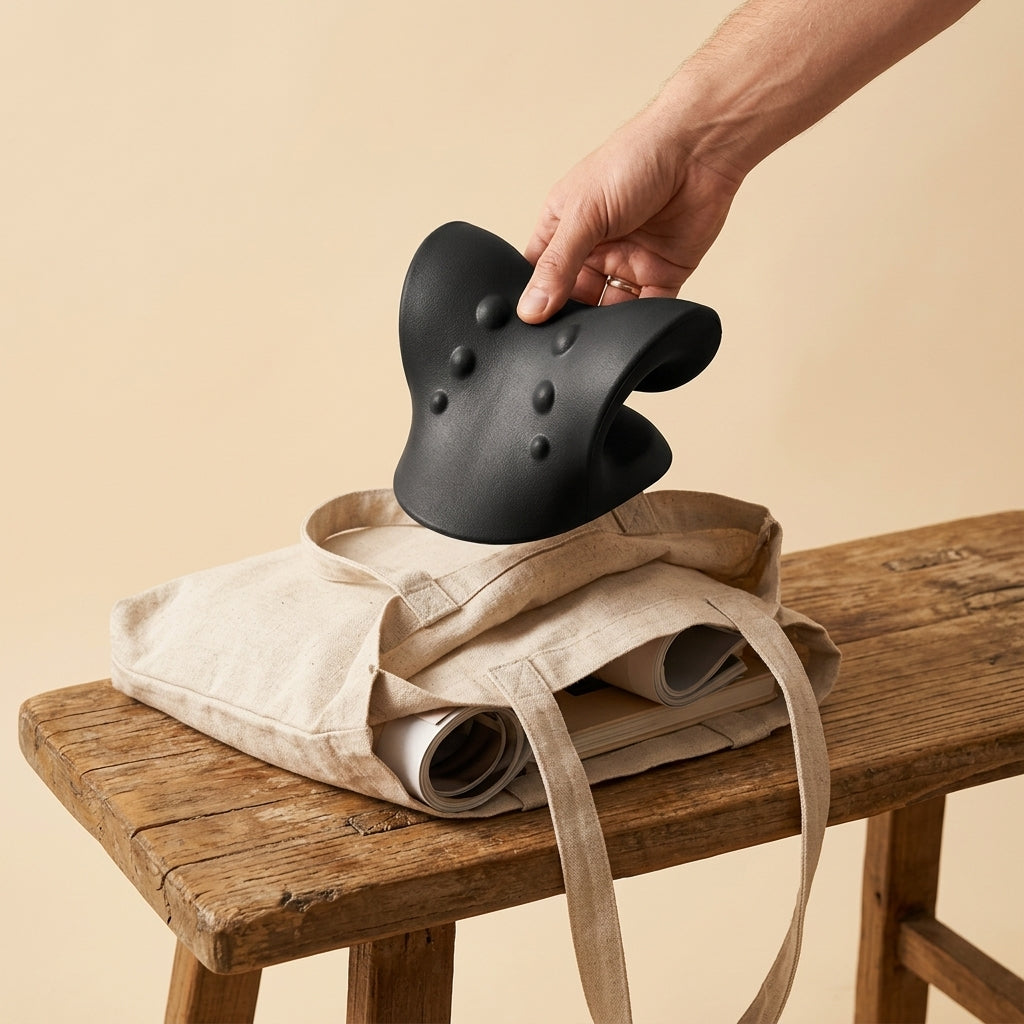 Coussin NUOKA tenu d'une main au-dessus d'un tote bag — 340 grammes, il voyage partout